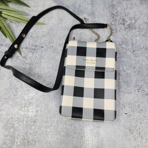Kate Spade Bradley Black White Gray Gingham Pebbled Leather Phone Crossbody Bag
